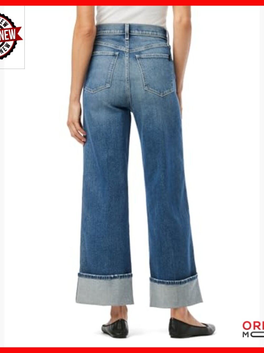 High Rise Wide Leg Denim Trousers with Slant Pockets and Cuffs - Picture 3 of 7